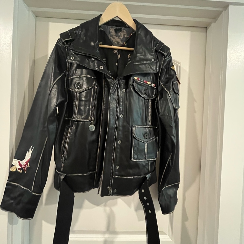 Black distressed Leather Jacket with Embroidered Detail